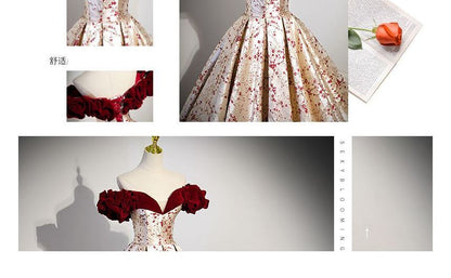 Evening A-Line Ruffled Floral Off-Shoulder Gown Print