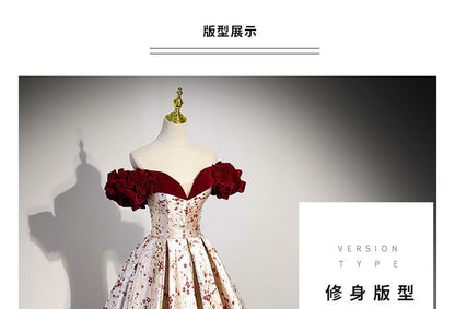 Evening A-Line Ruffled Floral Off-Shoulder Gown Print