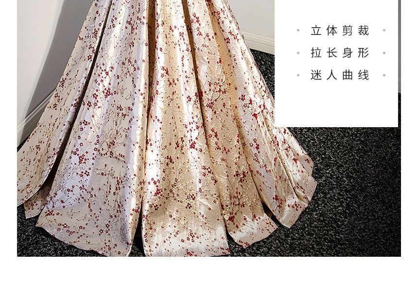 Off-Shoulder Floral Print Ruffled A-Line Evening Gown