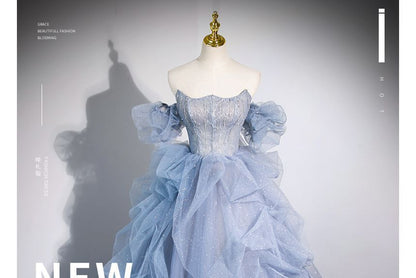 Off-Shoulder Puff-Sleeve Rhinestone Ruffled A-Line Evening Gown