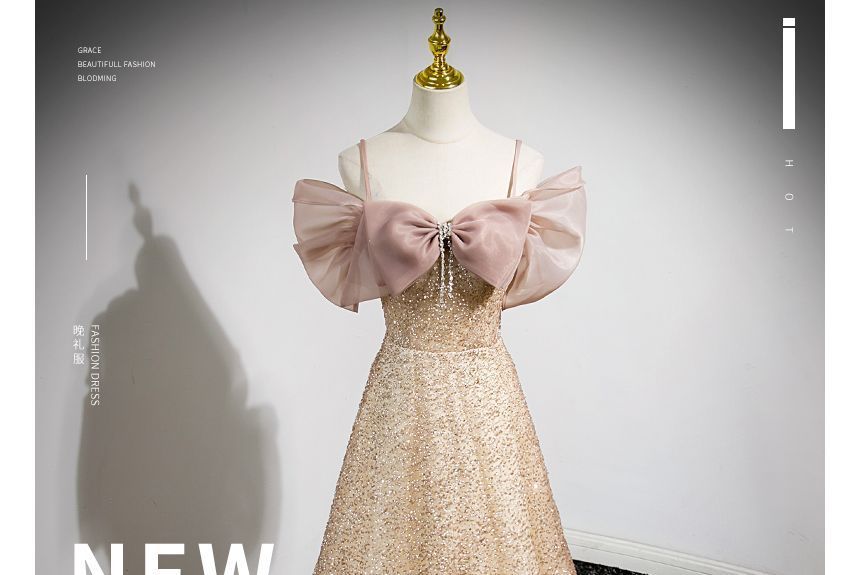 Gown Glitter Evening Bow Cold-Shoulder A-Line