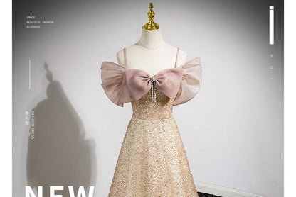 Gown Glitter Evening Bow Cold-Shoulder A-Line