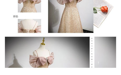 Cold-Shoulder Bow Glitter A-Line Evening Gown