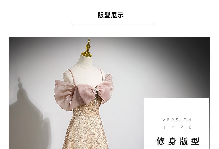 Cold-Shoulder Bow Glitter A-Line Evening Gown