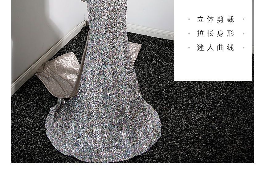 Spaghetti Strap Twisted Bow Sequined Mermaid Evening Gown