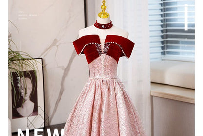 Off-Shoulder Two Tone Beaded A-Line Ball Gown