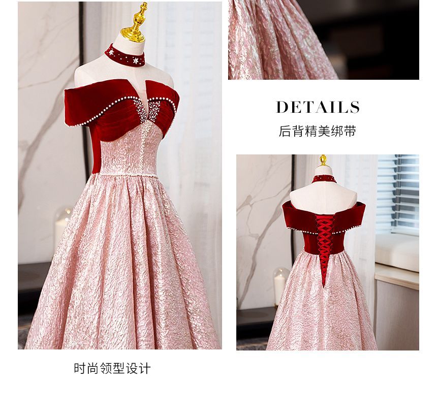 Off-Shoulder Two Tone Beaded A-Line Ball Gown