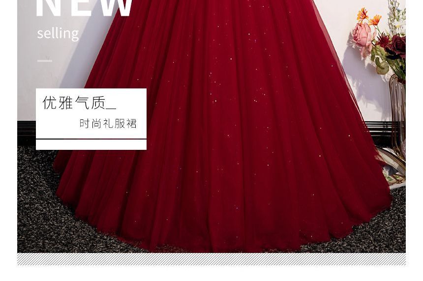 Off-Shoulder Plain Glitter Tie Waist A-Line Ball Gown