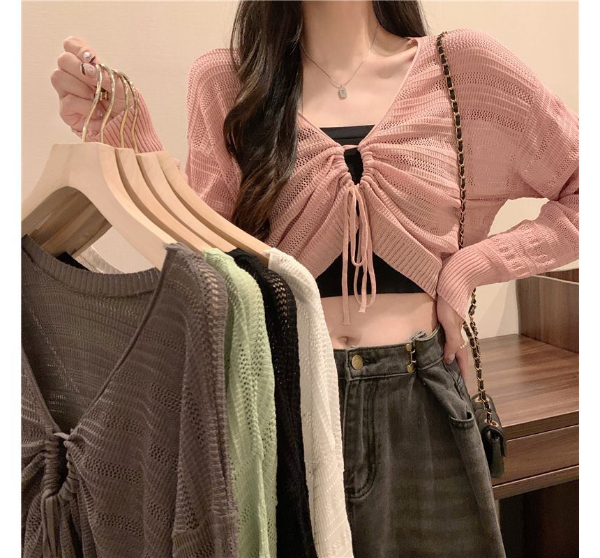 V-Neck Plain Drawstring Cropped Knit Top