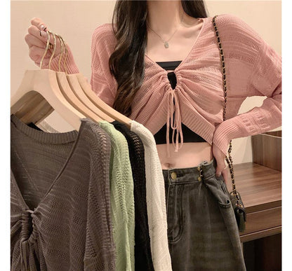 V-Neck Plain Drawstring Cropped Knit Top