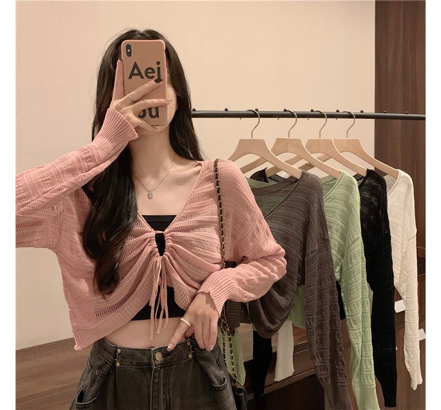 V-Neck Plain Drawstring Cropped Knit Top