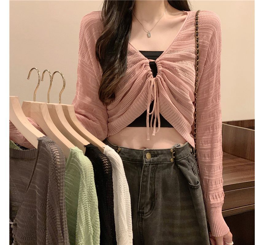 V-Neck Plain Drawstring Cropped Knit Top