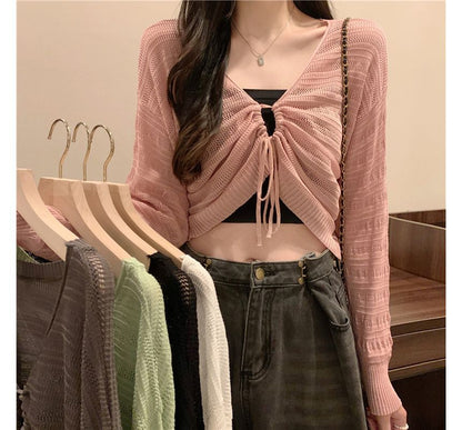 V-Neck Plain Drawstring Cropped Knit Top
