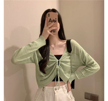 V-Neck Plain Drawstring Cropped Knit Top