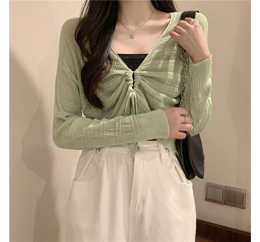 V-Neck Plain Drawstring Cropped Knit Top