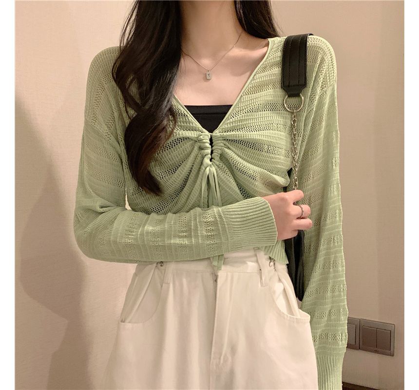 V-Neck Plain Drawstring Cropped Knit Top