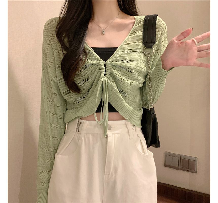V-Neck Plain Drawstring Cropped Knit Top