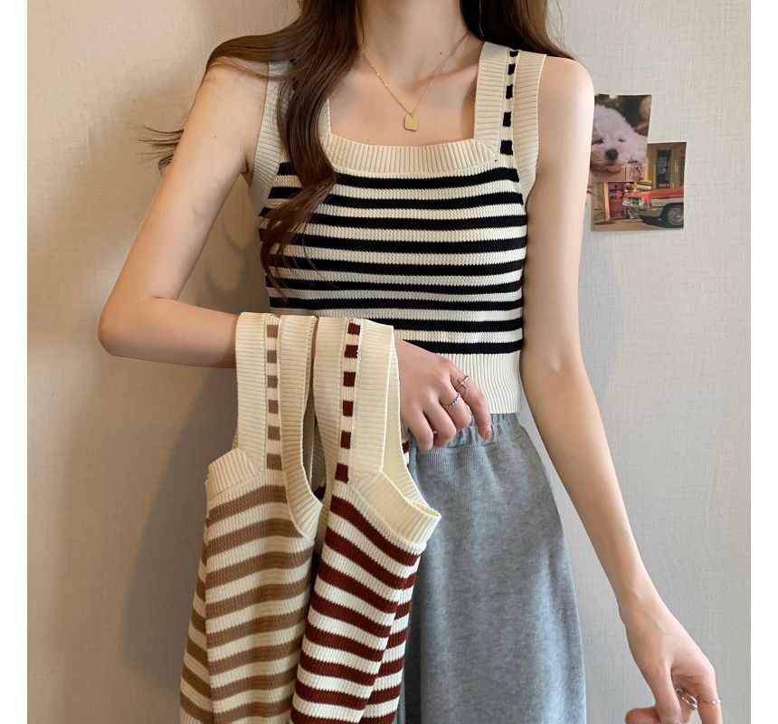 Square Neck Striped Crop Tank Top