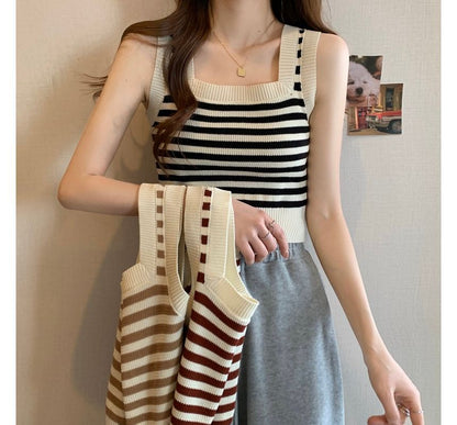 Square Neck Striped Crop Tank Top