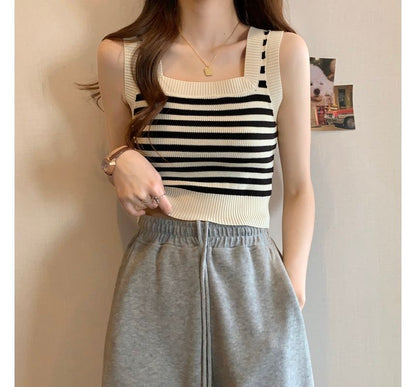 Square Neck Striped Crop Tank Top