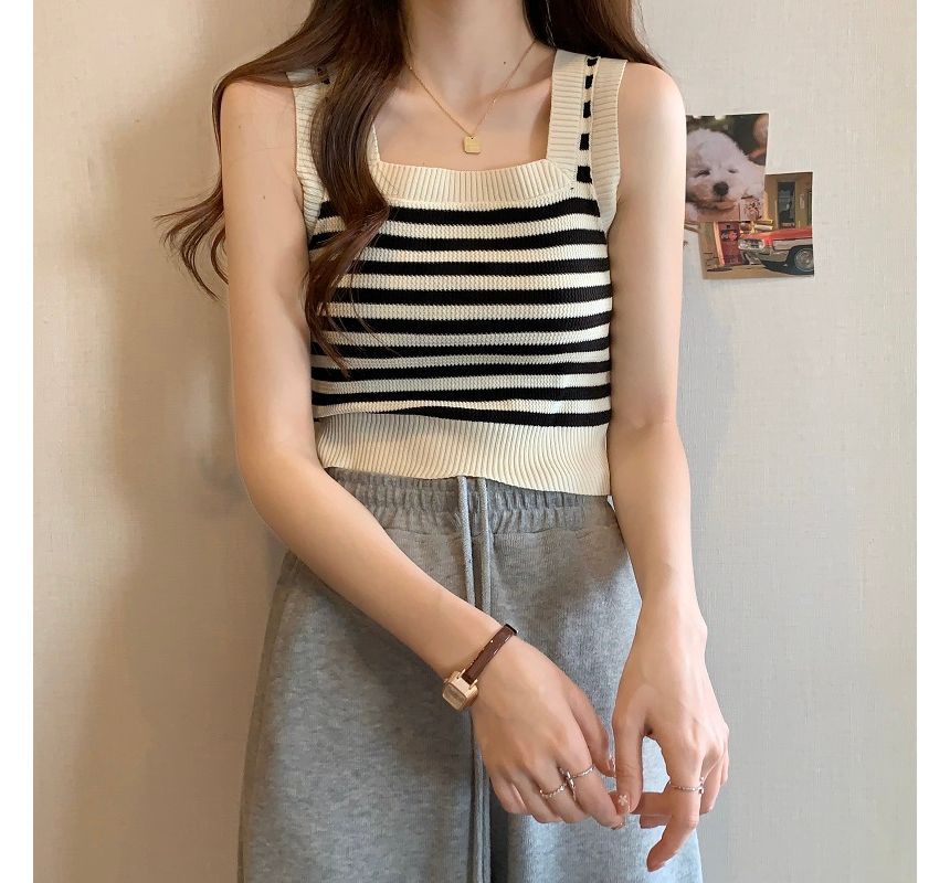 Square Neck Striped Crop Tank Top