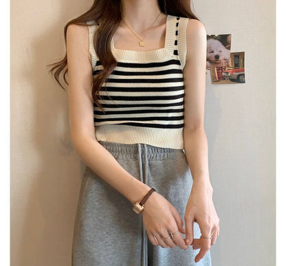 Square Neck Striped Crop Tank Top