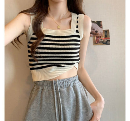 Square Neck Striped Crop Tank Top