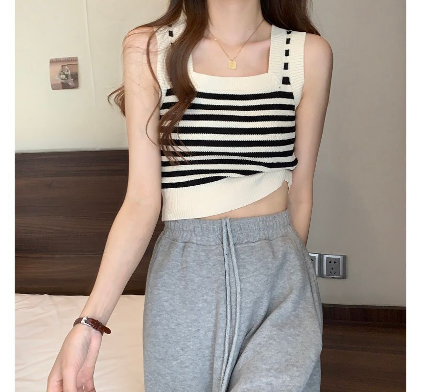 Square Neck Striped Crop Tank Top