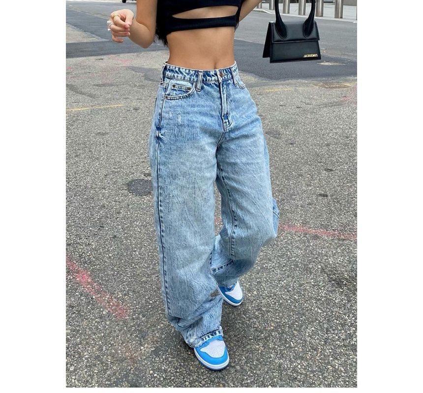 High Waist Washed Straight-Fit Wide-Leg Jeans