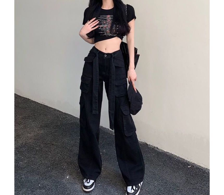 Low Waist Straight-Fit Wide-Leg Cargo Pants