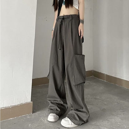 Low Waist Plain Loose-Fit Wide-Leg Cargo Pants