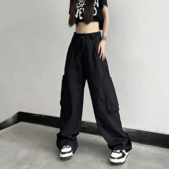 Low Waist Plain Loose-Fit Wide-Leg Cargo Pants