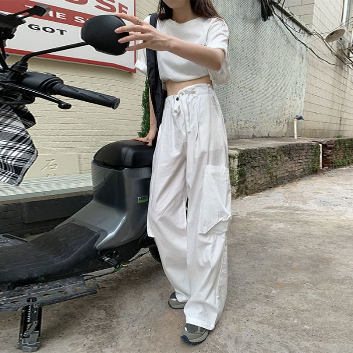 Low Waist Plain Loose-Fit Wide-Leg Cargo Pants