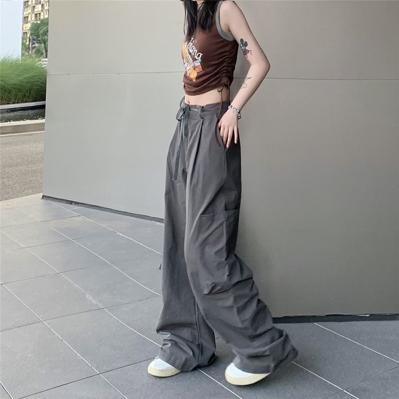 Low Waist Plain Loose-Fit Wide-Leg Cargo Pants