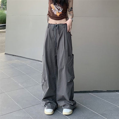 Low Waist Plain Loose-Fit Wide-Leg Cargo Pants