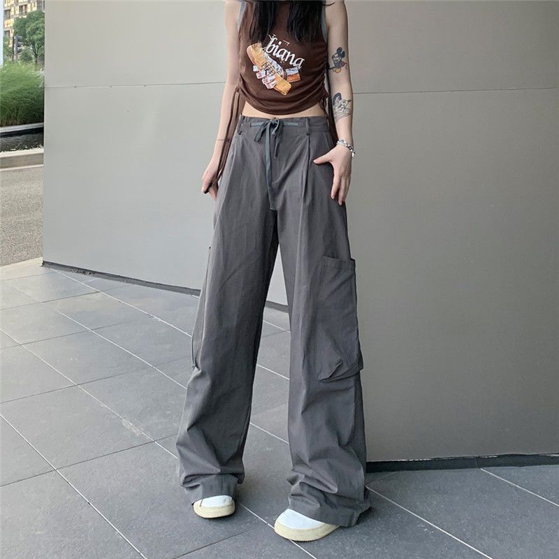 Low Waist Plain Loose-Fit Wide-Leg Cargo Pants