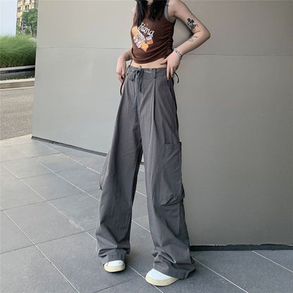 Low Waist Plain Loose-Fit Wide-Leg Cargo Pants