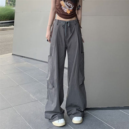 Low Waist Plain Loose-Fit Wide-Leg Cargo Pants