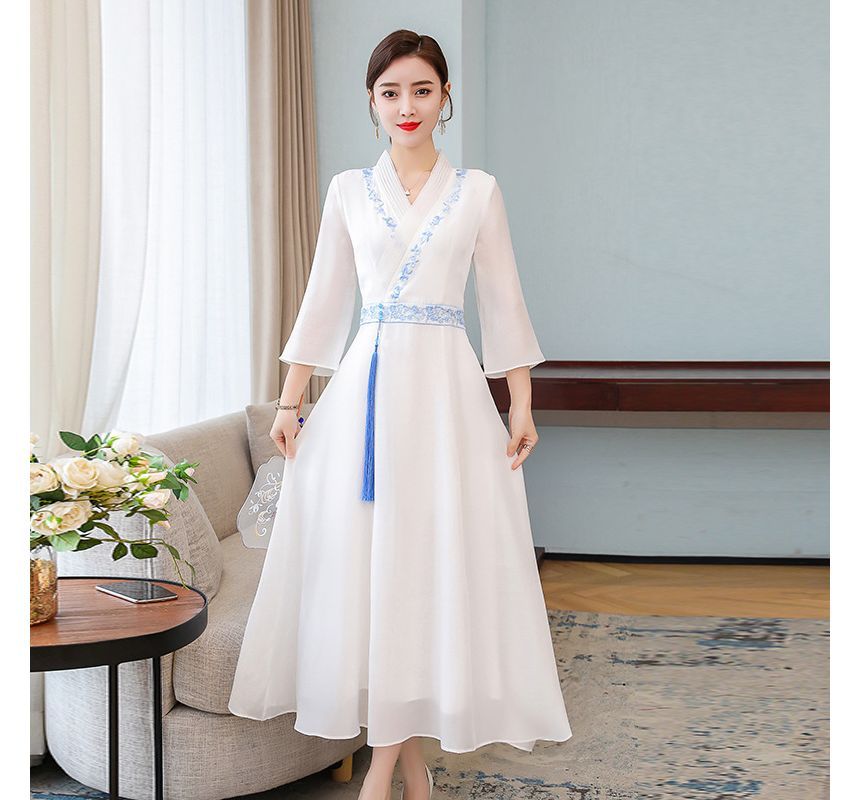 3/4-Sleeve V-Neck Floral Embroidered Tasseled Midi A-Line Dress