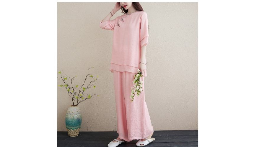 Set: 3/4-Sleeve Plain Frog Buttoned Cheongsam Top + High Rise Plain Wide Leg Pants