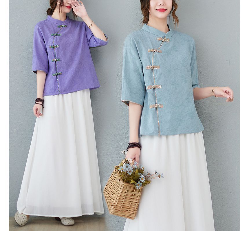 Short-Sleeve Frog Buttoned Plain Cheongsam Top