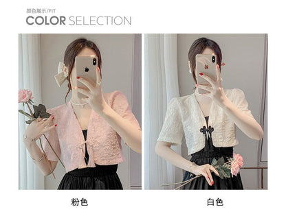 Einfarbiges, gerafftes Midi-A-Linien-Kleid mit Spaghettiträgern / Einfarbiges, kurzärmliges Bolero-Oberteil mit V-Ausschnitt und Froschverschluss