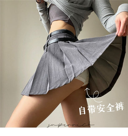 High Rise Pleated Mini Plain Skirt
