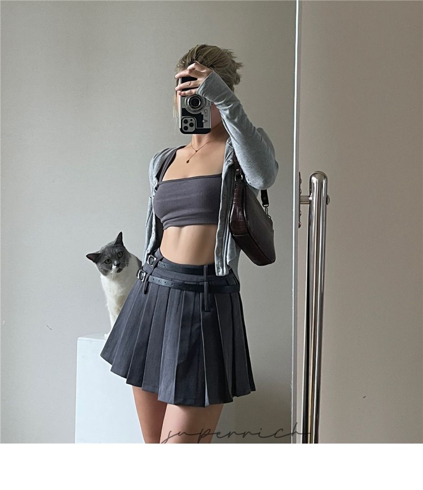 High Rise Plain Pleated Mini Skirt