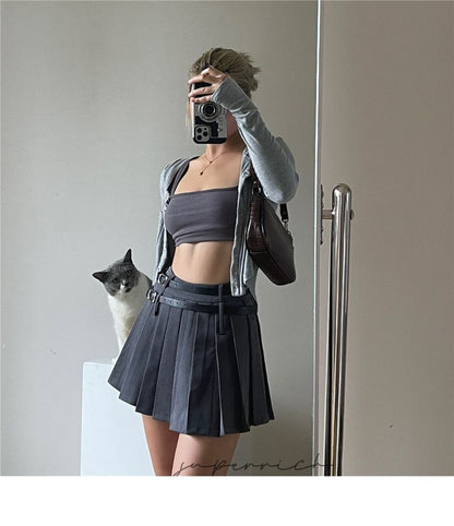 High Rise Pleated Mini Plain Skirt