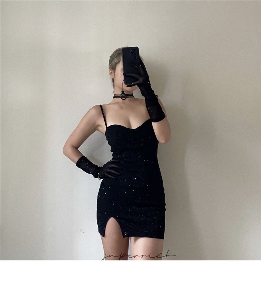 Bodycon Long + Neckline Spaghetti Mini Sweetheart Dress Set: Gloves Rhinestone Strap