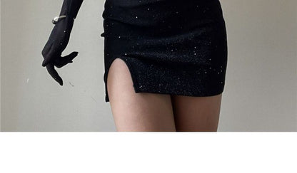 Bodycon Long + Neckline Spaghetti Mini Sweetheart Dress Set: Gloves Rhinestone Strap