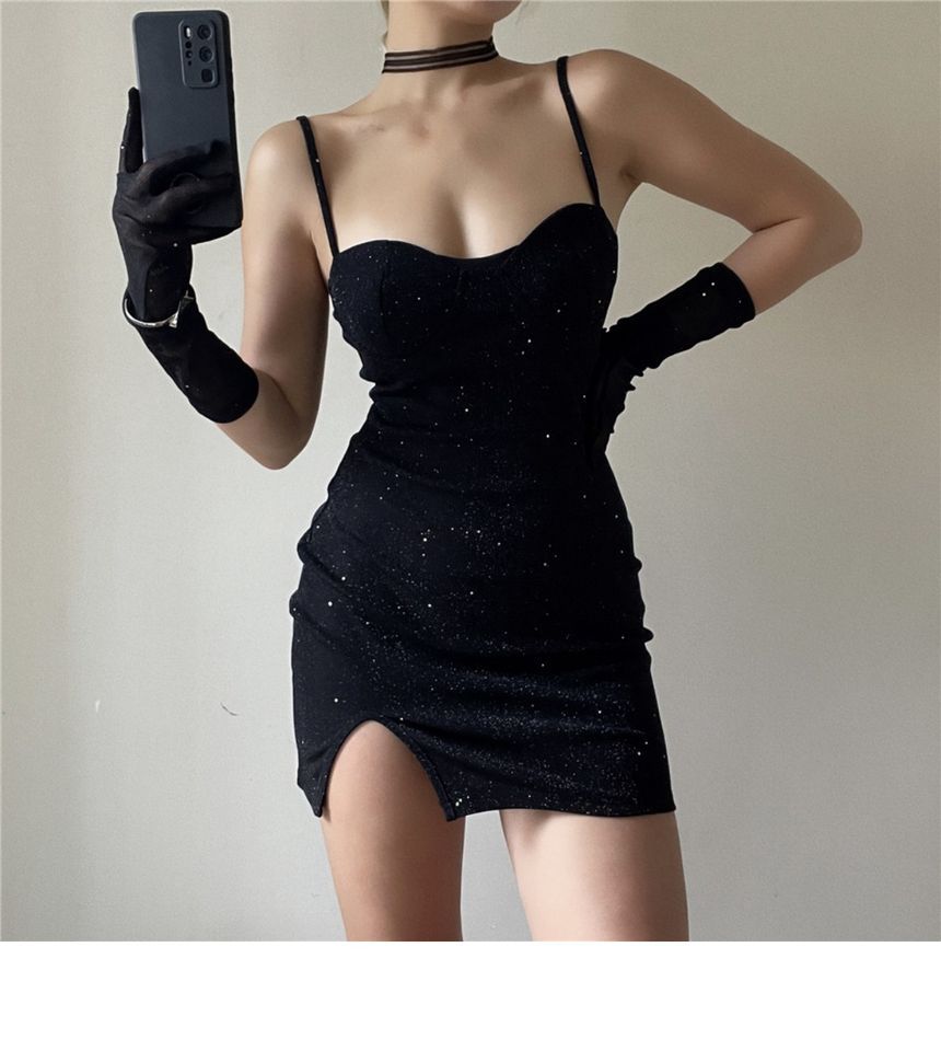 Bodycon Long + Neckline Spaghetti Mini Sweetheart Dress Set: Gloves Rhinestone Strap
