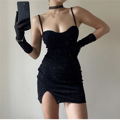 Bodycon Long + Neckline Spaghetti Mini Sweetheart Dress Set: Gloves Rhinestone Strap