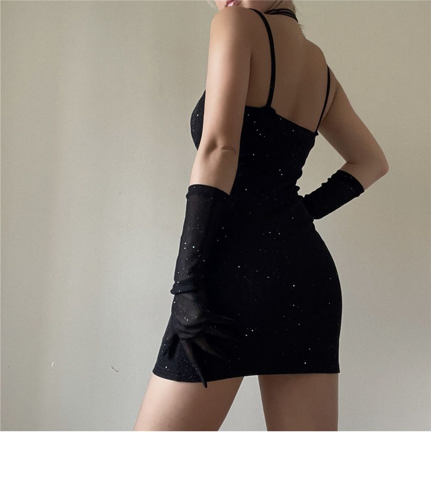 Bodycon Long + Neckline Spaghetti Mini Sweetheart Dress Set: Gloves Rhinestone Strap